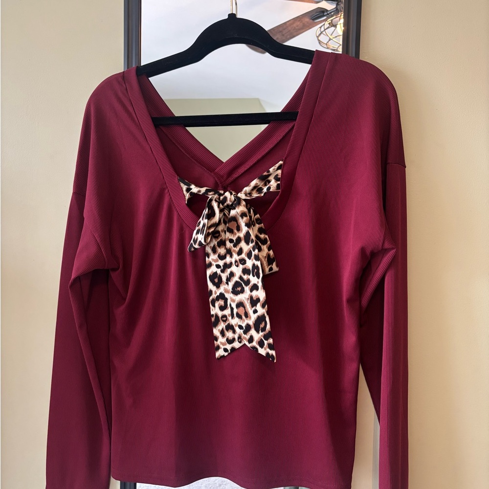 Elegant Burgundy Top with Leopard Print Bow